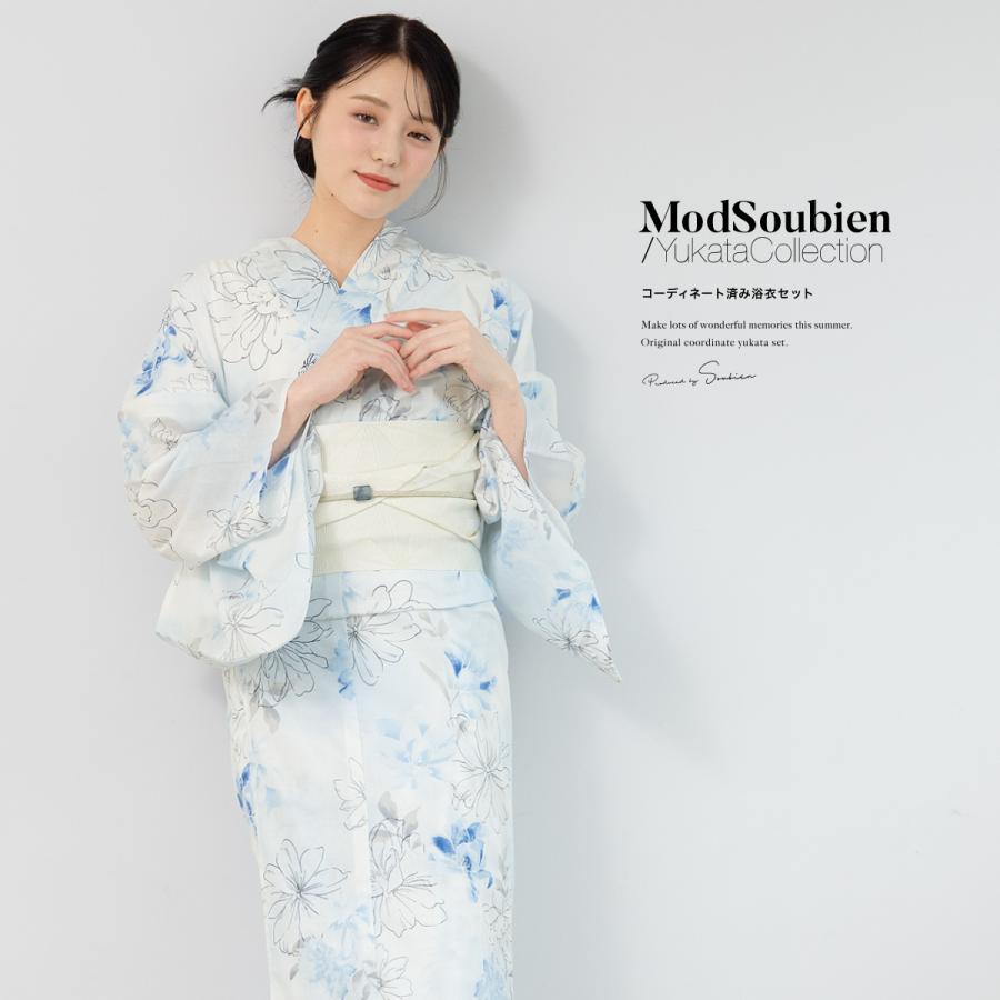 浴衣　セット　水色　白　紺 SOUBIEN 浴衣 レディース 浴衣セット 夏 大人 F 半幅帯 3点 青