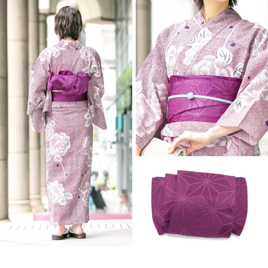 浴衣 セット レディース レトロ 浴衣セット 3点セット 紫色 鹿の子 牡丹 花柄 露芝 ラメ 綿麻 半幅帯 ボヌールセゾン 30代 40代 ママ フリー 送料無料_3
