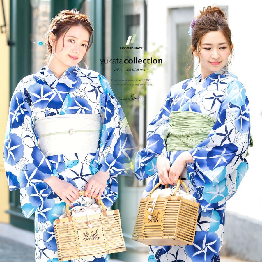 浴衣 レディース セット 浴衣セット 3点セット 浴衣 帯 下駄 青系 ブルー 紺 白 オフホワイト 朝顔 花柄 綿 夏 花火大会 Yuset K1 Brand1278ok きもの館 創美苑 通販 Yahoo ショッピング