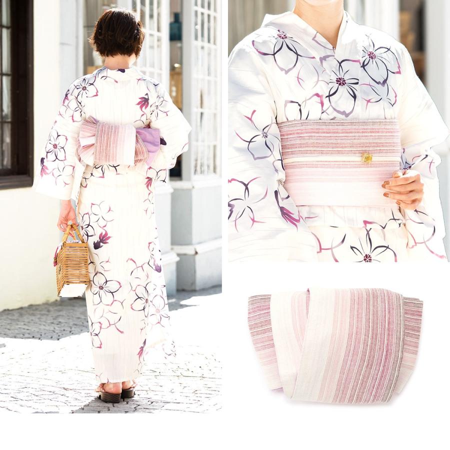 【美品】bonheursaisons 浴衣&バッグ&下駄&小物一式　白地薄紫系 bonheur saisons 浴衣 レディース 3点セット （浴衣/兵児帯/下駄