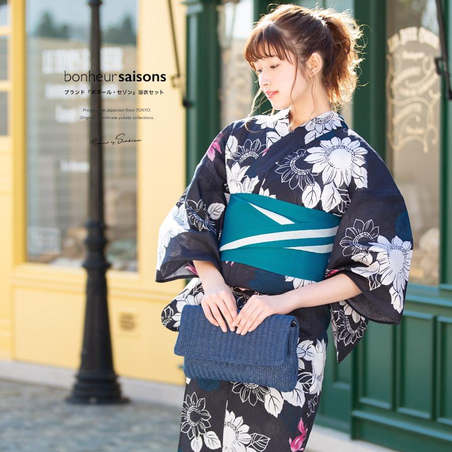 浴衣セット 3点セット 浴衣 帯 下駄 ボヌールセゾン 黒紺 ブラックネイビー 赤 青緑 向日葵 金魚 綿 レディース 夏 花火大会 Yuset K3 Brand1253ok きもの館 創美苑 通販 Yahoo ショッピング