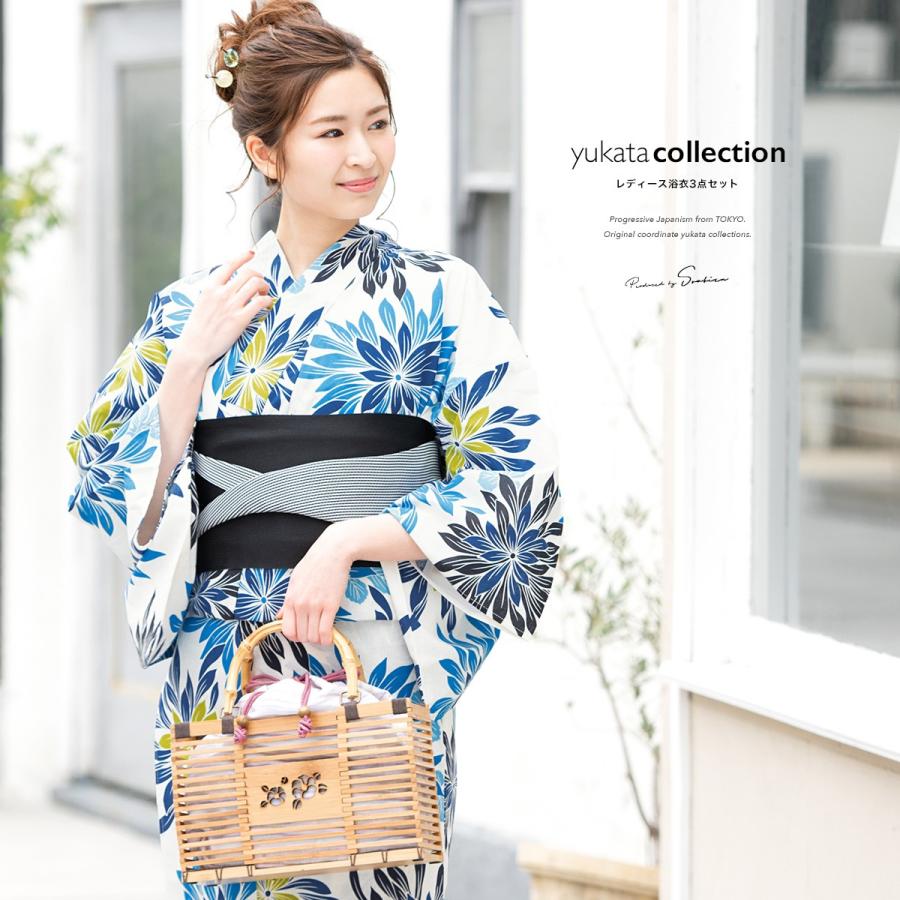 浴衣セット 3点セット 浴衣 帯 下駄 白系 アイボリー 青 ブルー 黒 菊 花柄 綿 レディース 夏 花火大会 Yuset K3 Brand1272ok きもの館 創美苑 通販 Yahoo ショッピング