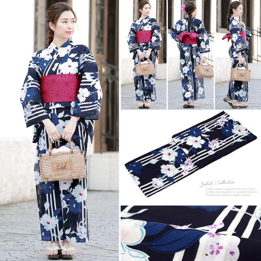 新品浴衣◇ bonheur saisons　椿 青系 SOUBIEN 浴衣 レディース 3点セット （浴衣/半幅帯/下駄