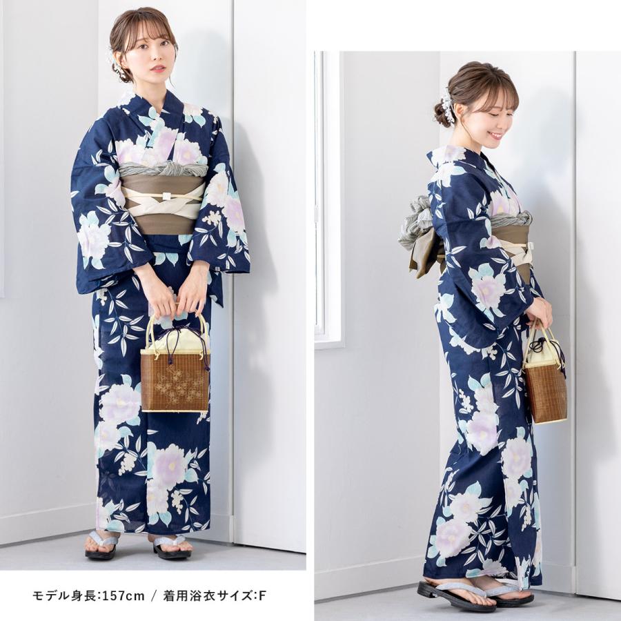 【浴衣5点セット】ボヌールセゾン　浴衣　半幅帯　飾り帯　かごバッグ　下駄　椿　縞 bonheur saisons（ボヌールセゾン） 浴衣 レディース セット 浴衣