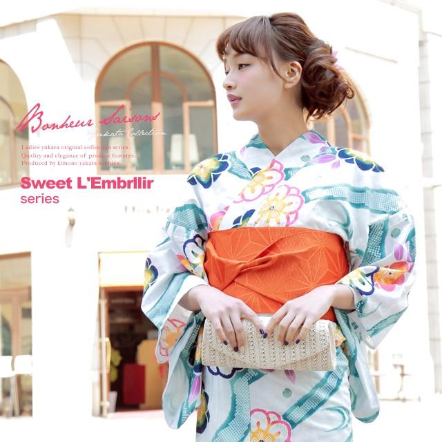 浴衣レディース3点セット 浴衣 半幅帯 下駄 Bonheur Saisons ボヌールセゾン白ポップ花鹿の子ラメ綿女性用ゆかた送料無料 Sagaretxe Net