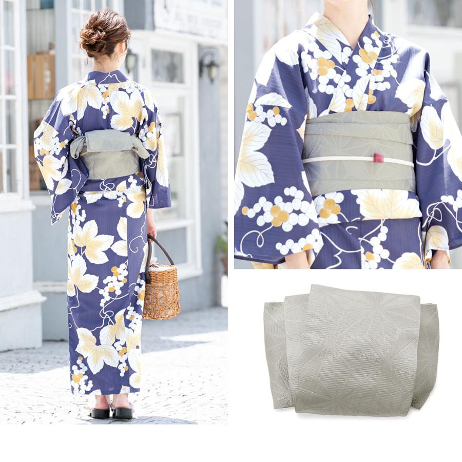 浴衣 3点セット（浴衣/半幅帯/下駄） 紫 薄橙 葡萄唐草 モダン 変わり 