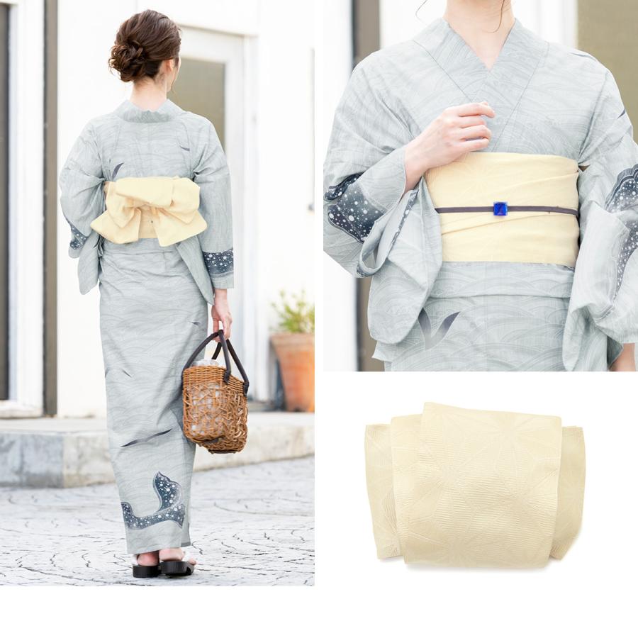 浴衣 3点セット（浴衣/半幅帯/下駄） グレー 灰色 波 クジラ 鯨 絵羽柄