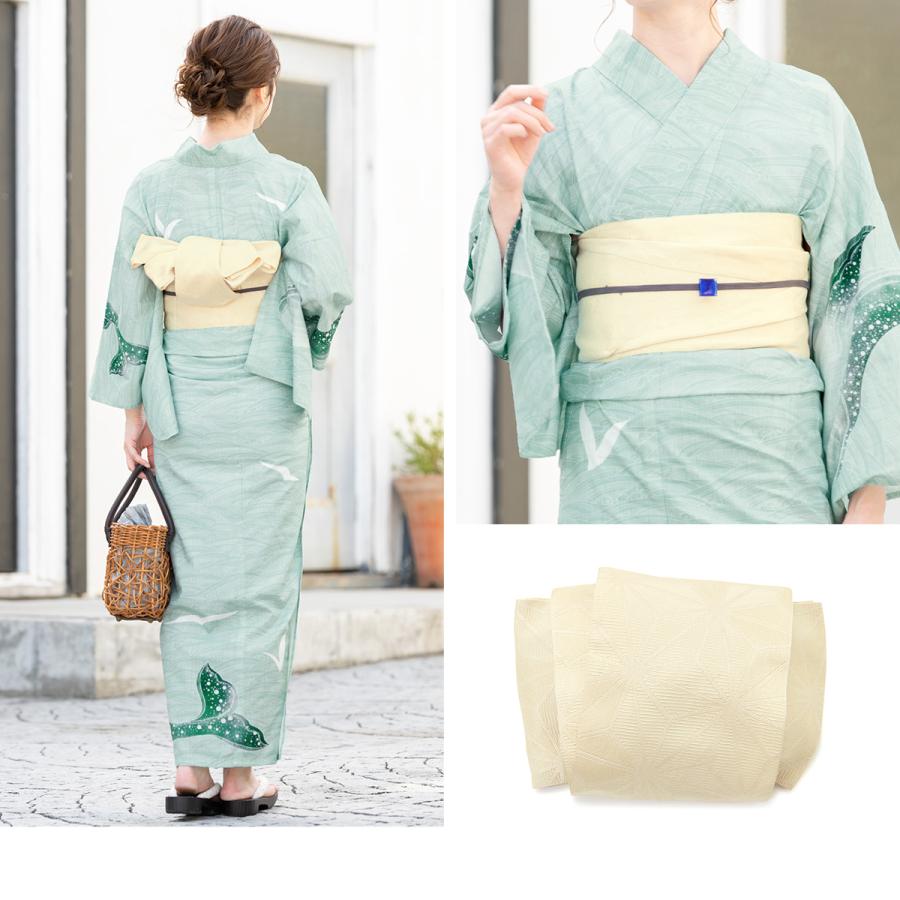 浴衣 3点セット（浴衣/半幅帯/下駄） ミント 薄青緑 波 クジラ 鯨 絵羽
