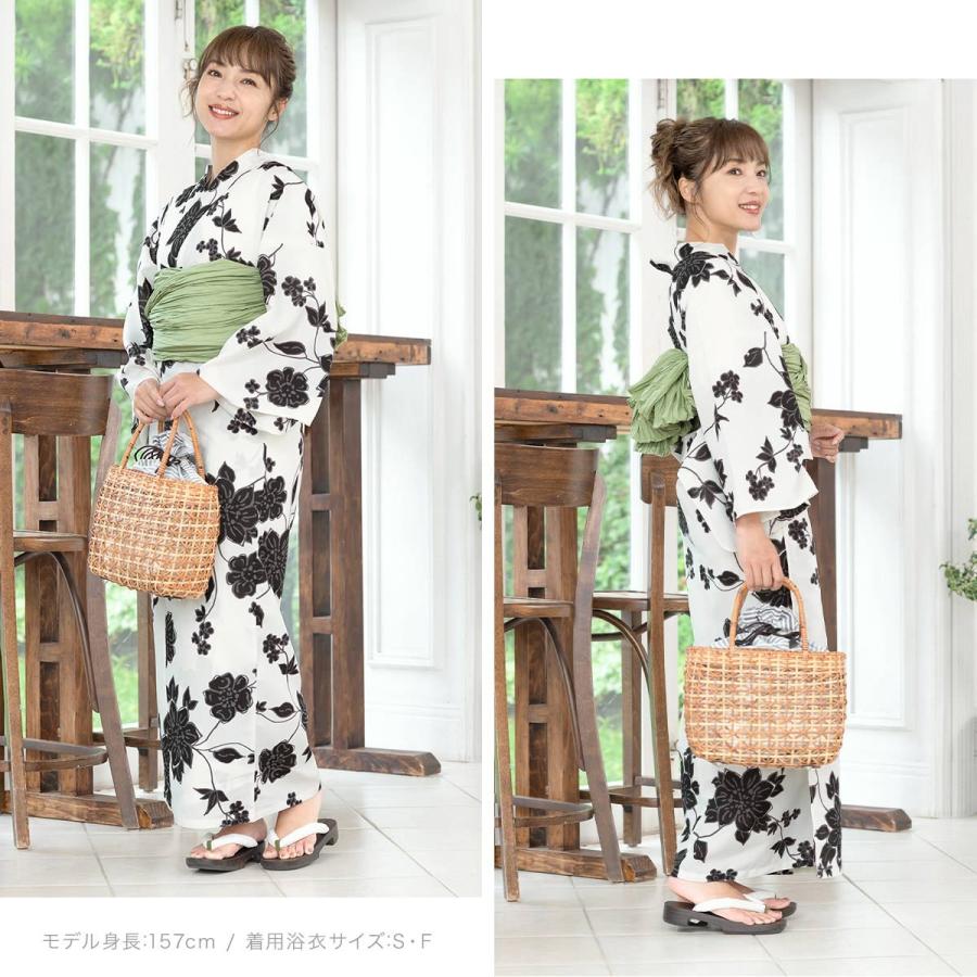 浴衣 3点セット（浴衣/兵児帯/下駄） ホワイト 白 黒 牡丹 花唐草  