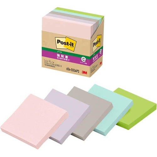ポストイット 付箋 強粘着 再生紙 75mm x パステルカラー 654-5SSAP2