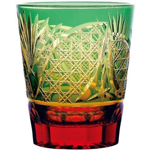 彩花切子 グラス タンブラー 緑 ケース販売 グリーン＆アンバー 265ml HG250-27GR ( 24個入 )