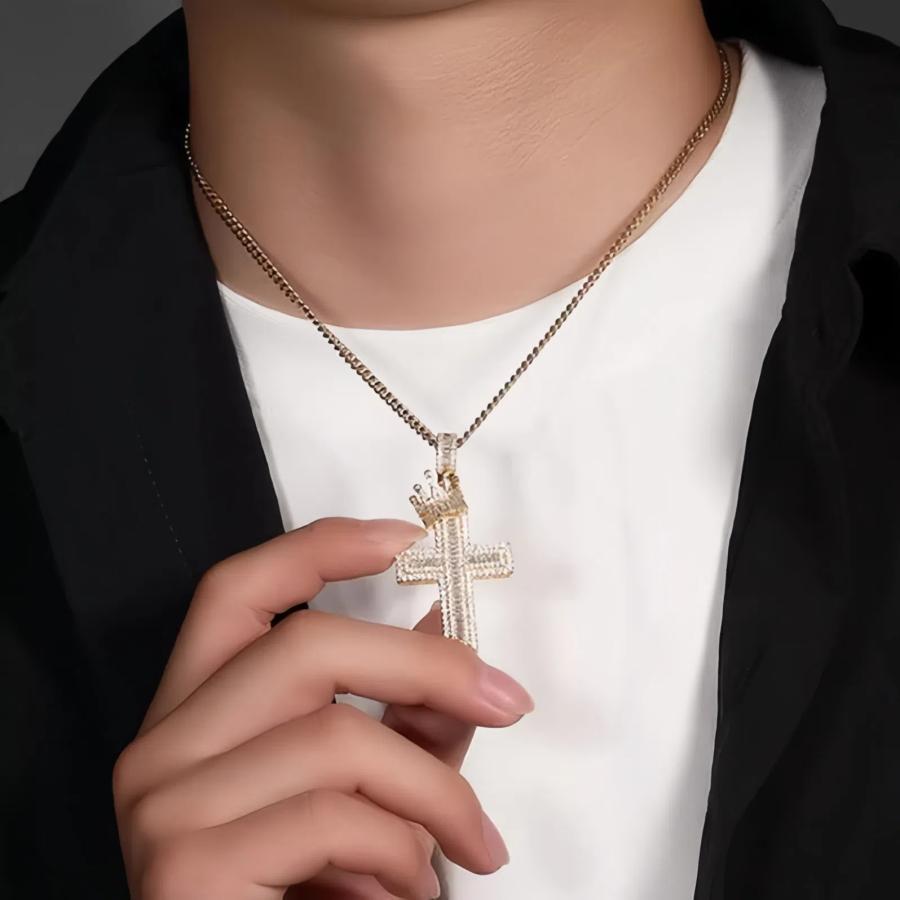【Mainstream.K】2色展開 チタン鋼 王冠 クラウン 十字架 クロス 60cm 小物 合成宝石 レディース メンズ アクセサリー プレゼント ギフト ペンダント ネックレス_2