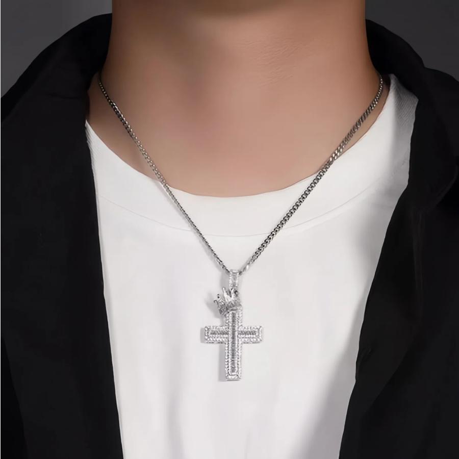 【Mainstream.K】2色展開 チタン鋼 王冠 クラウン 十字架 クロス 60cm 小物 合成宝石 レディース メンズ アクセサリー プレゼント ギフト ペンダント ネックレス_3