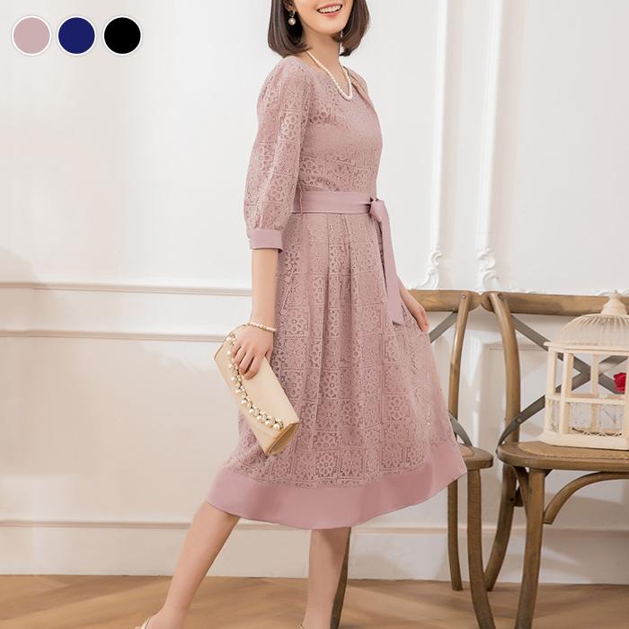 新品♥胸元レースワンピース ドレスピンク♥ セール】総レース7分袖Vネックフレアワンピース（ドレス）｜Lace