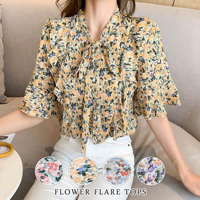 ブラウス レディース 春 夏 春夏 シャツ 花柄トップス ボウタイ 半袖 チュニック リボン 大人 イエロー ピンク ブルー パープル 代 30代 40代 送料無料 Y6063 セレクトショップ Soul 通販 Yahoo ショッピング