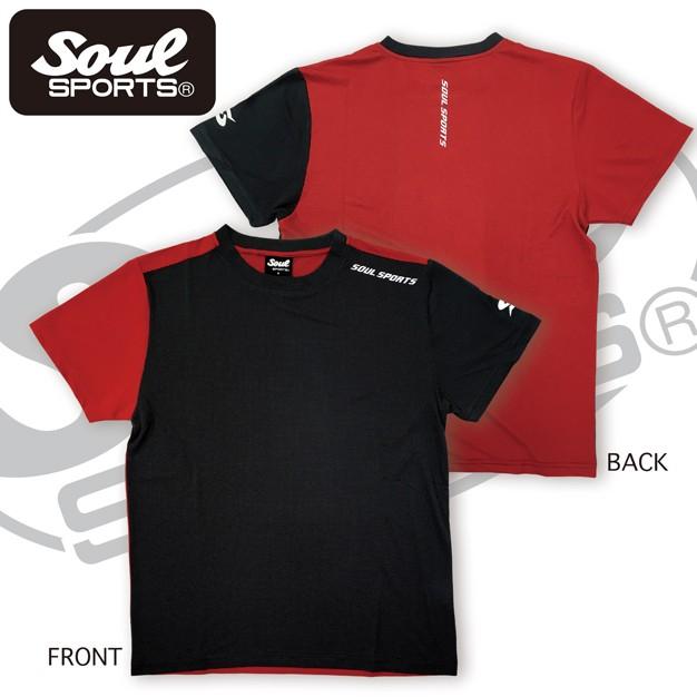 ドライ 半袖 Tシャツ 軽量 アシンメトリー 切替 SOUL SPORTS 黒×レッド