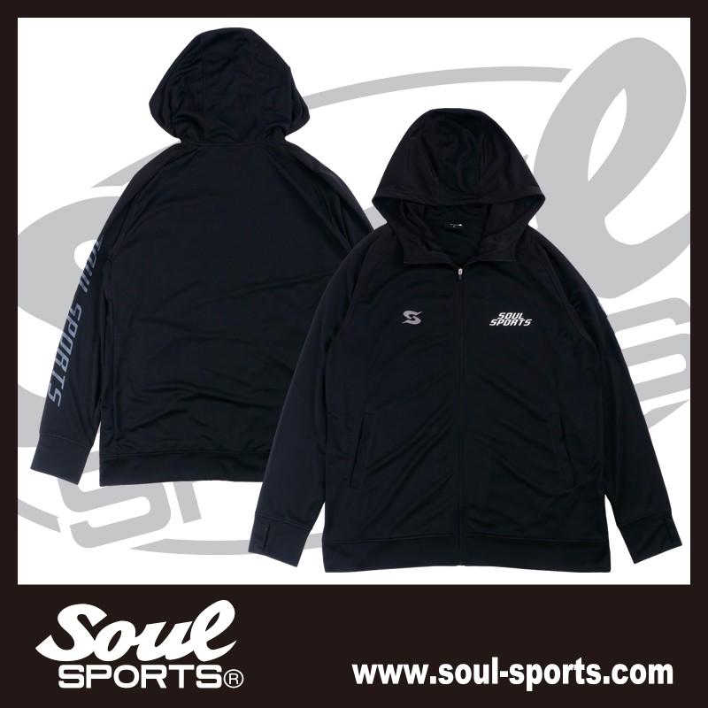 ドライ素材 「S」マーク 反射ロゴ 指穴 長袖 ジップパーカー トレーニング ラッシュガード  SOUL SPORTS オリジナル ソウルスポーツ　ブラック |  | 01