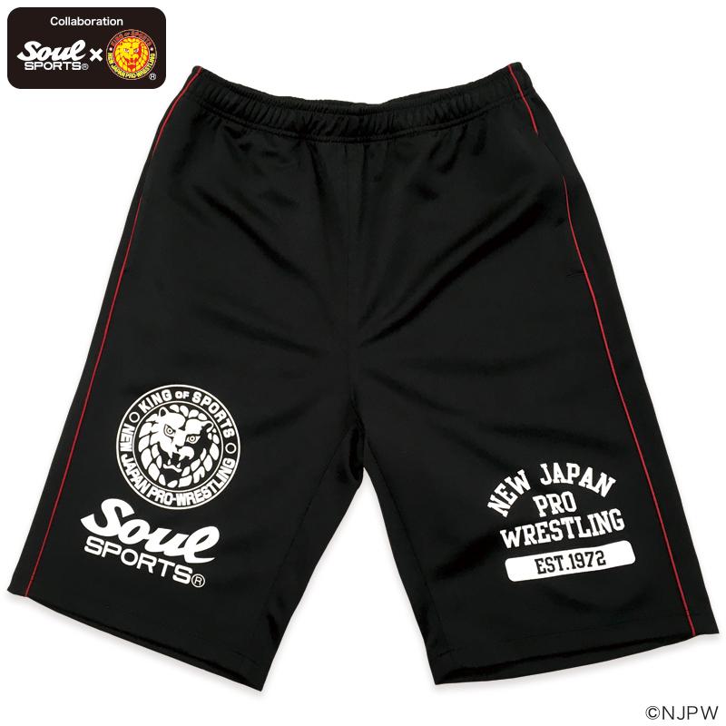 脇ライン ライオンマーク プリント ロゴ ショートパンツ ジャージ素材 短パン 棚橋着用  新日本プロレス × SOUL SPORTS コラボ ソウルスポーツ　ブラック｜soul-sports｜04