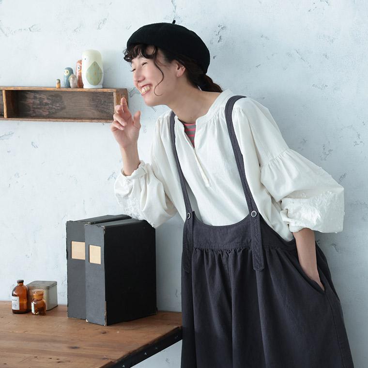 ふくろうと月 キュロットみたいなサロペット レディース オールインワン ガウチョパンツ フレア Aライン 麻混 リネン混 ボトムスの画像