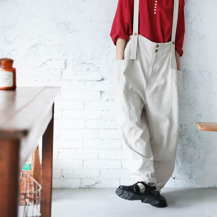 Drawerサスペンダー風のホワイト サロペット パンツ soulberry（ソウルベリー） はちみつ堂 ボタン仕立てのサスペンダー