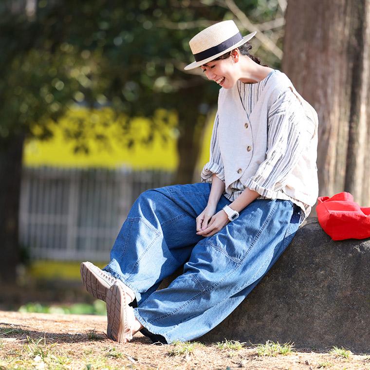 夏の日差しに、さらっと穿きたいデニムのパンツ レディース デニムパンツ ジーンズ ロング コクーン ワイド パッチワーク 綿 コットン ボトムスの画像