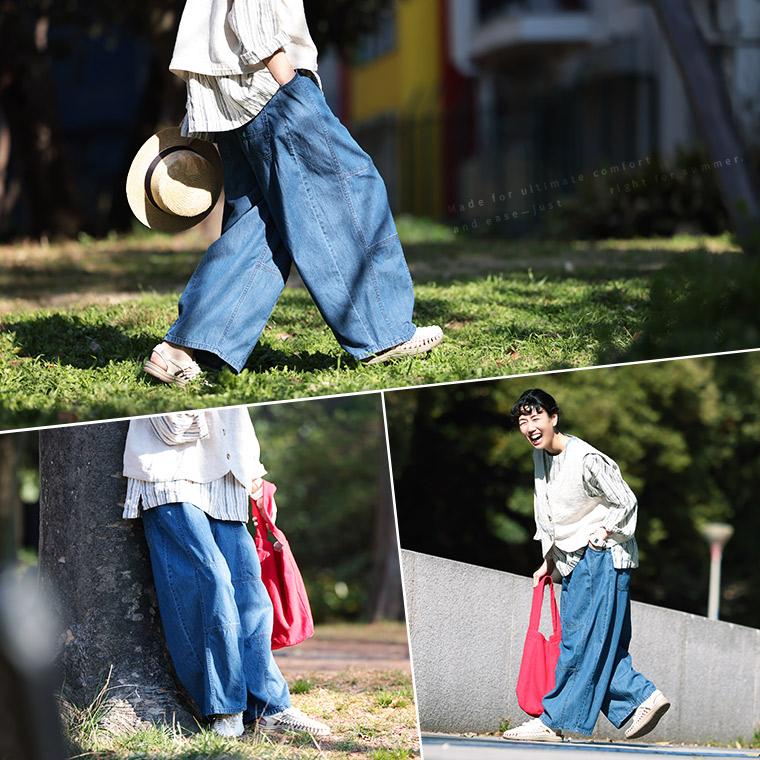 夏の日差しに、さらっと穿きたいデニムのパンツ レディース デニムパンツ ジーンズ ロング コクーン ワイド パッチワーク 綿 コットン ボトムスの画像