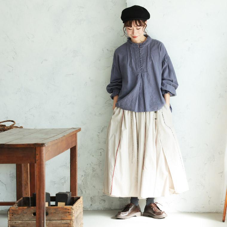 ブリードの森 手しごと刺繍スカート レディース ロング フレア Aライン ラップスカート風 巻きスカート風 綿 コットン ボトムスの画像