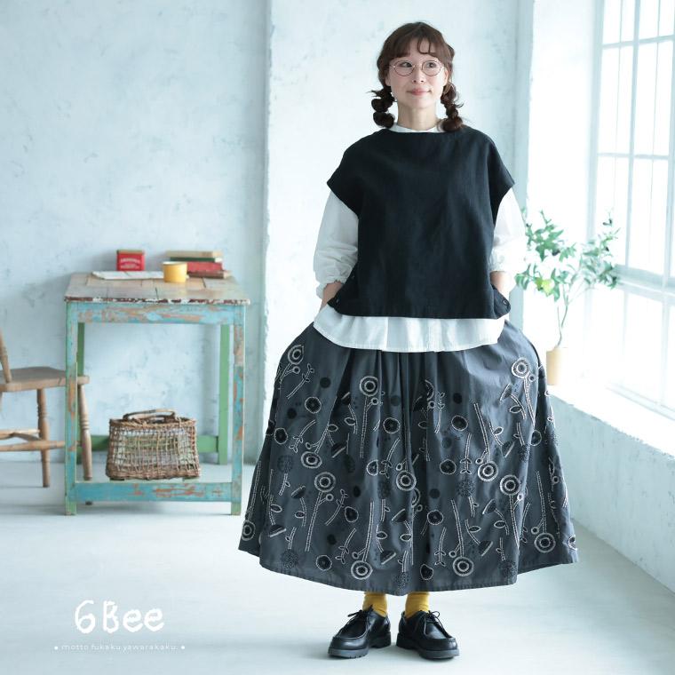 6Bee 草花ワルツの刺繍スカート レディース ロング フレア Aライン ミモレ丈 花柄 ボトムスの画像