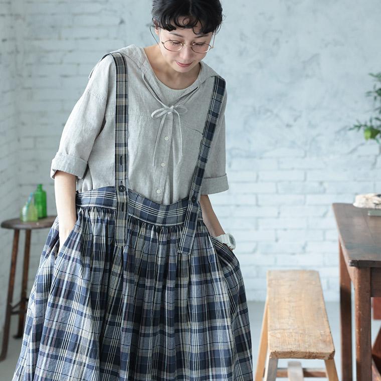 はちみつ堂 味わいチェックのサスペンダースカート レディース フレアスカート ロング Aライン 麻混 リネン混 ボトムスの画像
