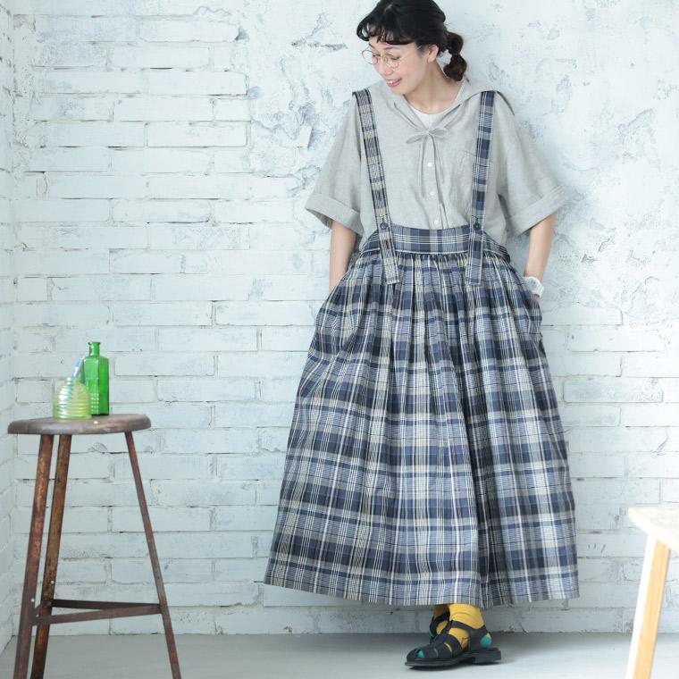 はちみつ堂 味わいチェックのサスペンダースカート レディース フレアスカート ロング Aライン 麻混 リネン混 ボトムスの画像