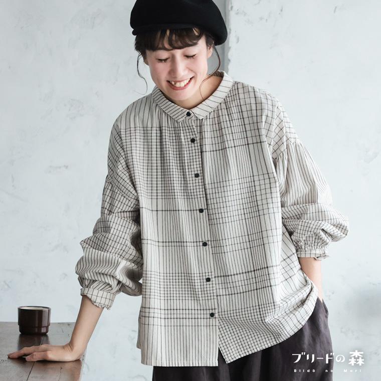 ブリードの森 ポルカチェックのブラウス レディース シャツ 長袖 パフスリーブ バルーンスリーブ グラフチェック 綿 コットン トップスの画像