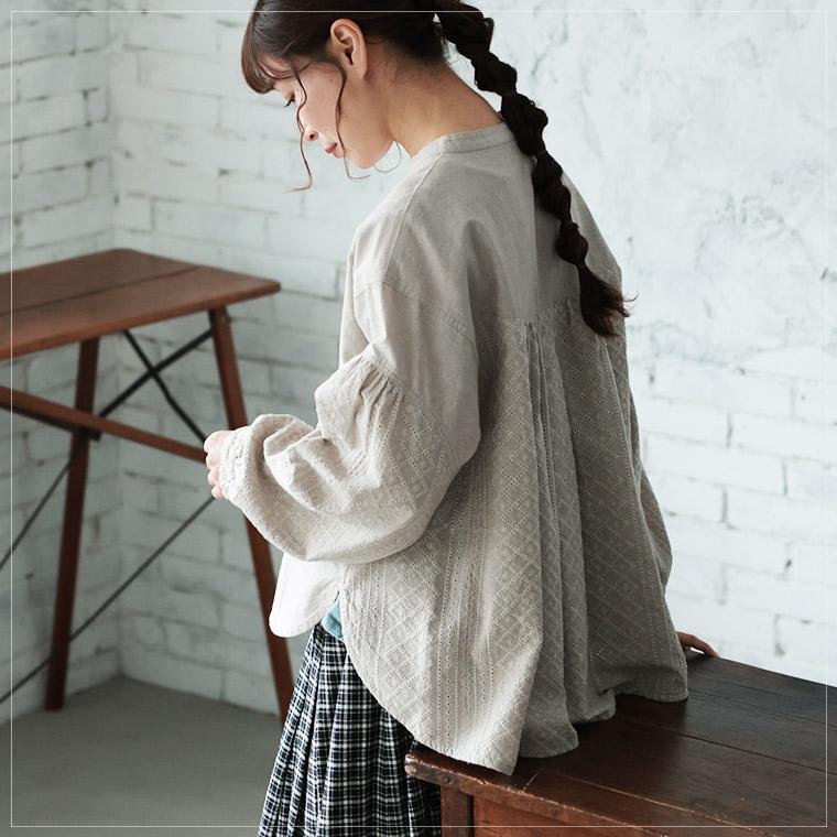 パフスリーブ刺繍ブラウス 刺繍ブラウス 長袖 パフスリーブ クラシカル フェミニン アイボリー