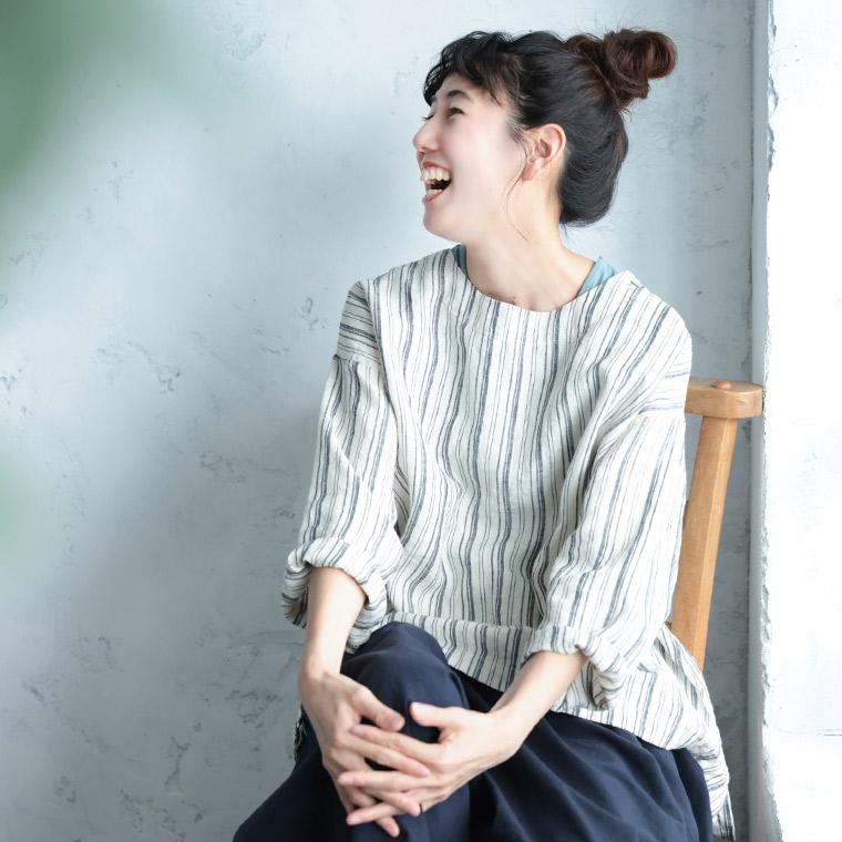 「わがまま別注」ストライプなリネンTee レディース ブラウス プルオーバー 長袖 麻 リネン シンプル ベーシック トップスの画像