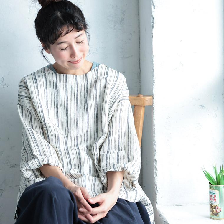 「わがまま別注」ストライプなリネンTee レディース ブラウス プルオーバー 長袖 麻 リネン シンプル ベーシック トップスの画像