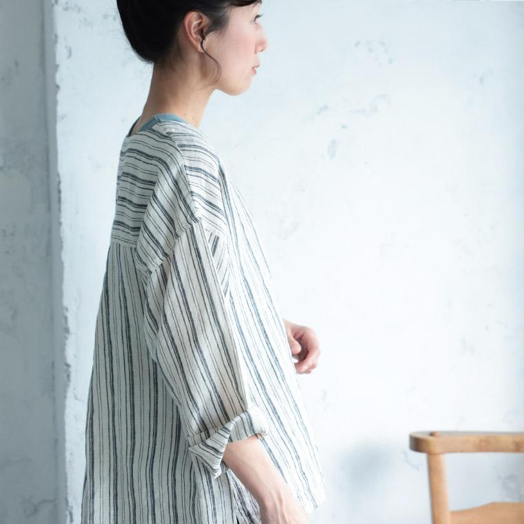 「わがまま別注」ストライプなリネンTee レディース ブラウス プルオーバー 長袖 麻 リネン シンプル ベーシック トップスの画像