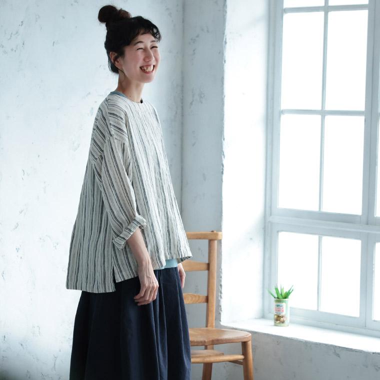「わがまま別注」ストライプなリネンTee レディース ブラウス プルオーバー 長袖 麻 リネン シンプル ベーシック トップスの画像