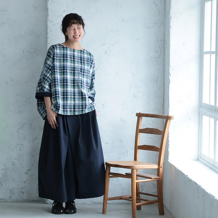 あしたのふく 朝凪チェックのブラウス レディース ブラウス 7分袖 五分袖 半端袖 ドルマンスリーブ ボートネック 麻混 リネン混 トップス | soulberry | 03