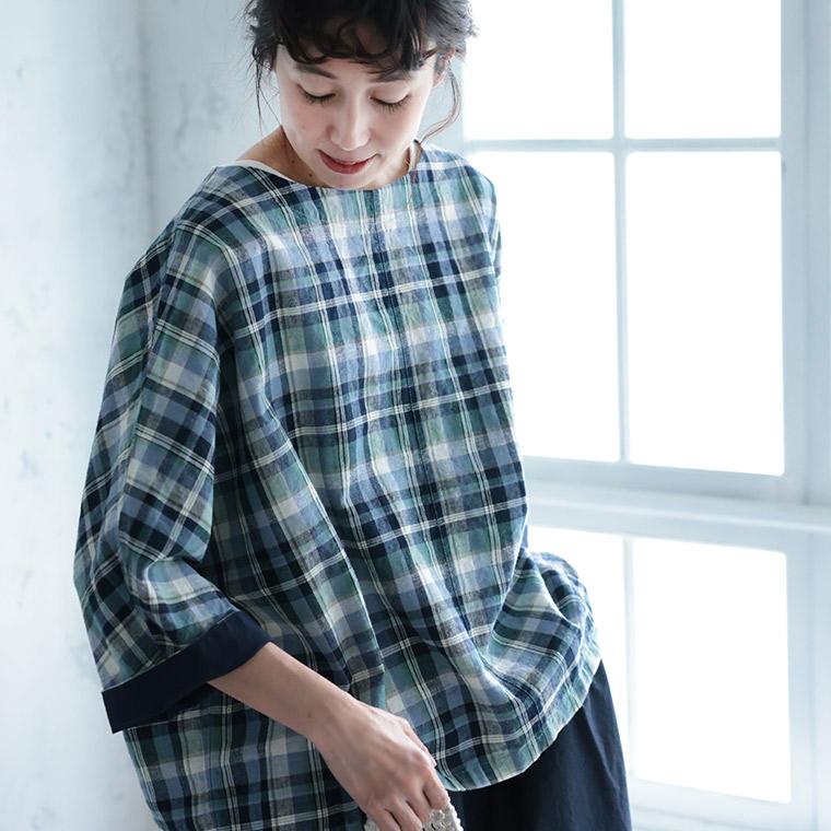 あしたのふく 朝凪チェックのブラウス レディース ブラウス 7分袖 五分袖 半端袖 ドルマンスリーブ ボートネック 麻混 リネン混 トップス | soulberry | 05