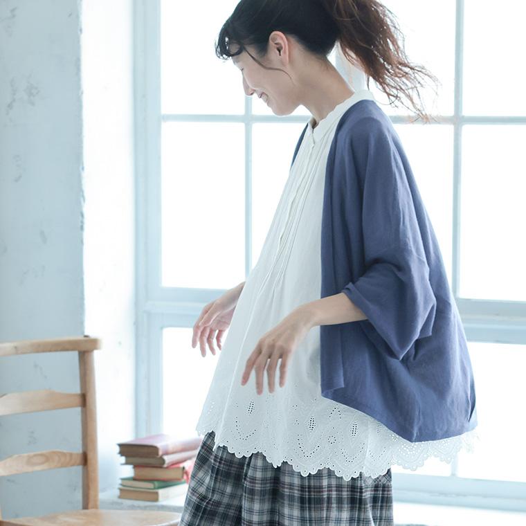 羽織りのなかに着たい！レースの袖なしブラウス レディース シャツ ノースリーブ Aライン 裾レース 刺繍 丸襟 綿 コットン トップスの画像
