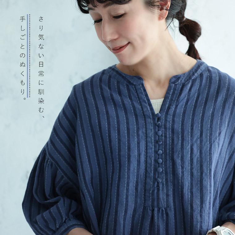 藍色工房の手しごとブラウス レディース シャツ プルオーバー 七分袖 7分袖 半端袖 パフスリーブ キーネック 麻混 リネン混 ストライプ トップスの画像