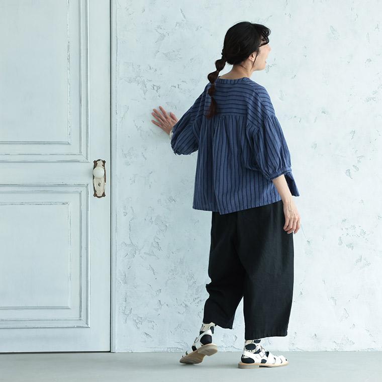藍色工房の手しごとブラウス レディース シャツ プルオーバー 七分袖 7分袖 半端袖 パフスリーブ キーネック 麻混 リネン混 ストライプ トップスの画像