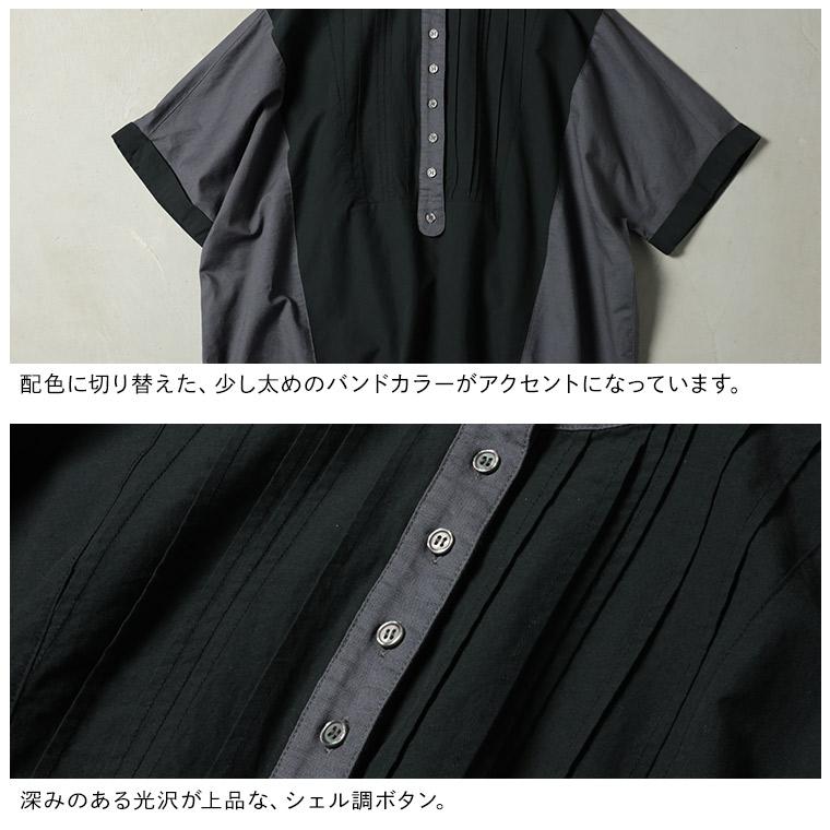 ふくろうと月 黒とクロを味わうブラウス レディース プルオーバー 五分袖 5分袖 半袖 ノーカラー バンドカラー 麻混 リネン混 トップスの画像