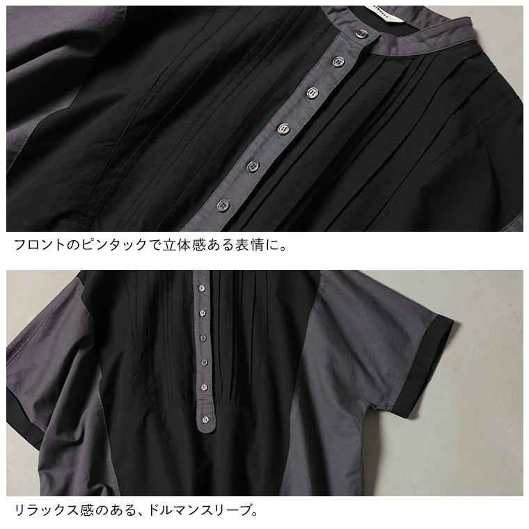 ふくろうと月 黒とクロを味わうブラウス レディース プルオーバー 五分袖 5分袖 半袖 ノーカラー バンドカラー 麻混 リネン混 トップスの画像