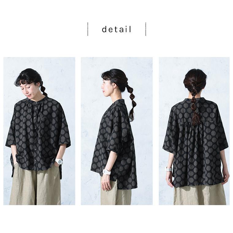 O.W.N くるみドットのブラウス レディース シャツ 五分袖 5分袖 半袖 ノーカラー 綿 コットン 水玉 トップスの画像
