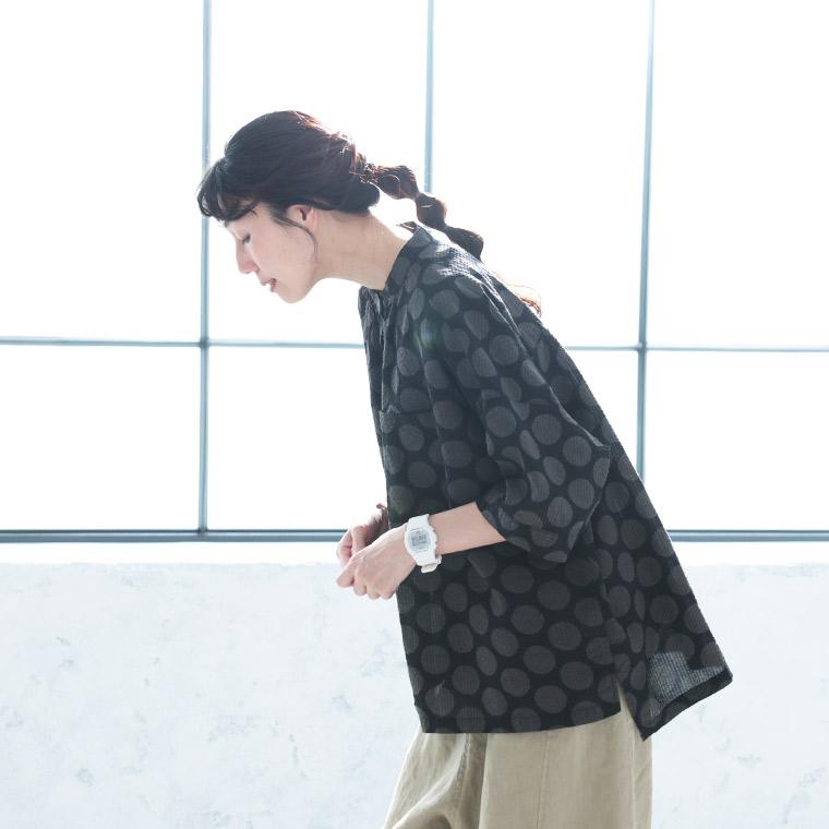 O.W.N くるみドットのブラウス レディース シャツ 五分袖 5分袖 半袖 ノーカラー 綿 コットン 水玉 トップスの画像