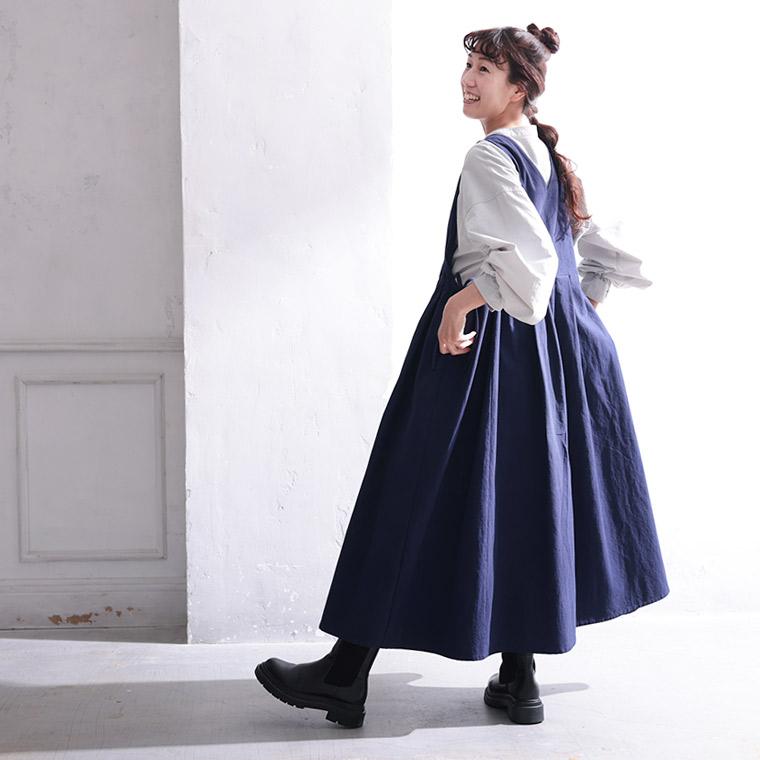 【ついに再入荷！】O.W.N オトナが、たしなむワンピース レディース ジャンスカ ジャンパースカート ロング フレア Aライン ノースリーブ Vネック 麻混 リネン混の画像