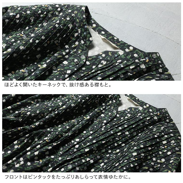 ふくろうと月 ゆきわり草のワンピース レディース ロング Aライン フレア 長袖 パフスリーブ キーネック スキッパー風 綿 コットンの画像