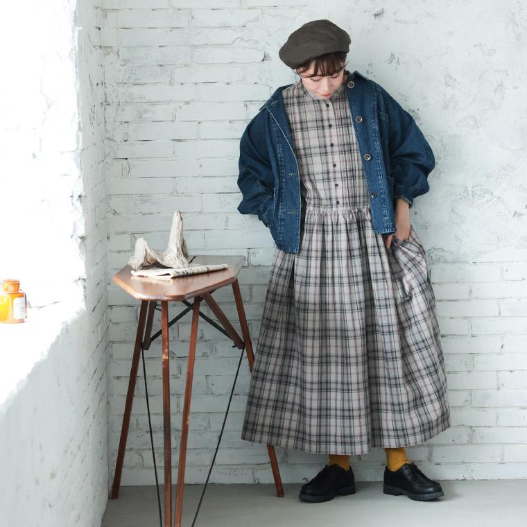 はちみつ堂 「わがまま別注」はちみつ堂の甘さひかえめチェックなワンピース レディース ロング フレア Aライン バンドカラーの画像