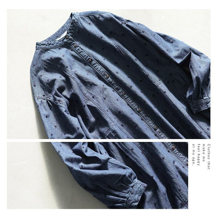 ふくろうと月 雨つぶ刺繍のデニムワンピース レディース ロング フレア Aライン ノーカラー ジーンズ 綿 コットン 水玉 ドットの画像