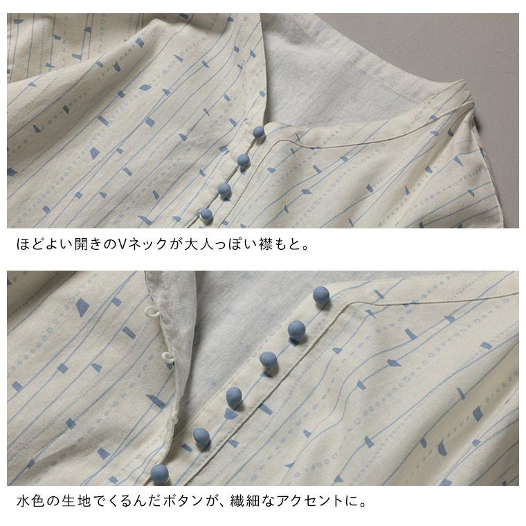 はちみつ堂 みずの音のワンピース レディース ロング フレア Aライン 七分袖 7分袖 Vネック 幾何学柄 麻混 リネン混の画像